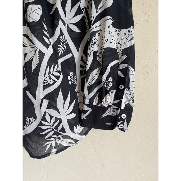 Talbots Black White Large Petite Collared Shirt Button Front Tropical Jungle Big - Picture 4 of 7